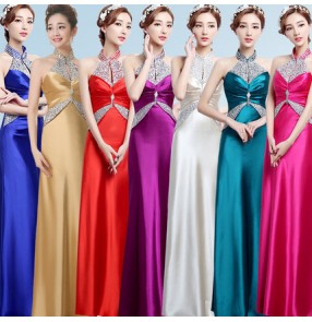 Hot pink gold champagne royal blue green violet red rhinestones women's female halter neck backless A line long length wedding party evening bridesmaid host performance dresses vestidos for ladies
